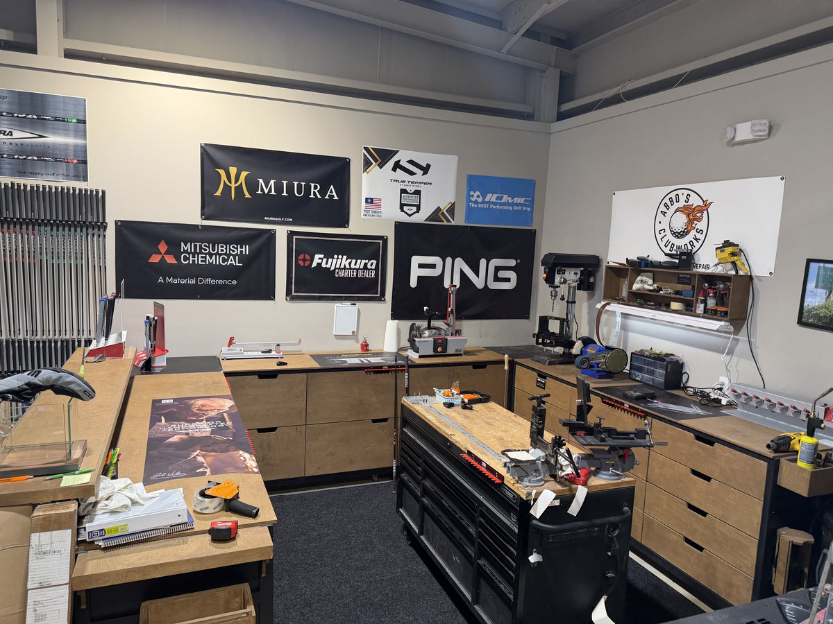 The club build and repair bench at Abbo's Clubworks in Jonesboro, Arkansas